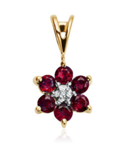 Złoty wisiorek kwiatek – rubiny i brylant