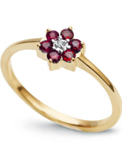 pierścionek kwiatek z rubinami i diamentem