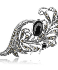 srebrna broszka pióro z onyksem i markazytami