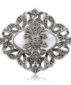 srebrna dostojna broszka wisiorek z masą perłową i markazytami