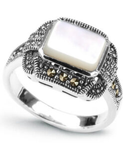 srebrny elegancki pierścionek z masą perłową i markazytami