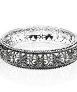 Srebrna ażurowa bransoletka typu bangle z markazytami - 18/19cm - BDM2867
