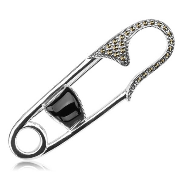 Broszka srebrna agrafka z onyksem i markazytami