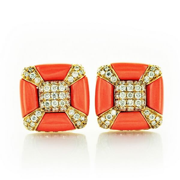 Exclusive | kolczyki żółte złoto 18k, koral, brylanty