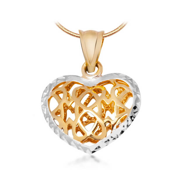 Ażurowy wisiorek serce z białego i żółtego złota 333