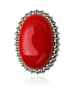 Broszka srebrna owalna z koralem i markazytami