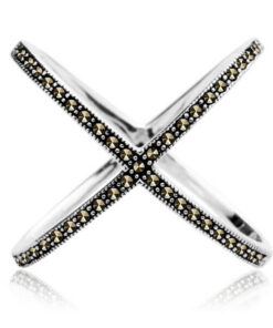 srebrny nowoczesny pierścionek X z markazytami