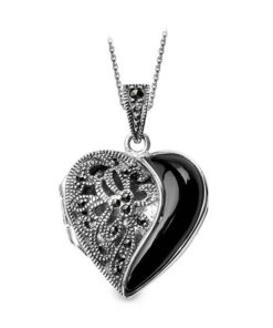 srebrny wisiorek / otwierane puzderko - serce - z onyksem i markazytami