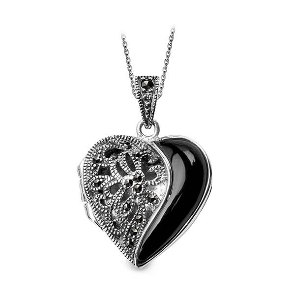 srebrny wisiorek / otwierane puzderko - serce - z onyksem i markazytami