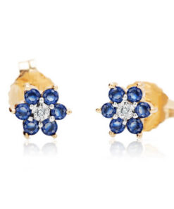 Kolczyki kwiatki żółte złoto z szafirami i diamentami