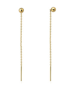 Piękne, złote długie kolczyki przewlekane, zakończone gładką kulką
