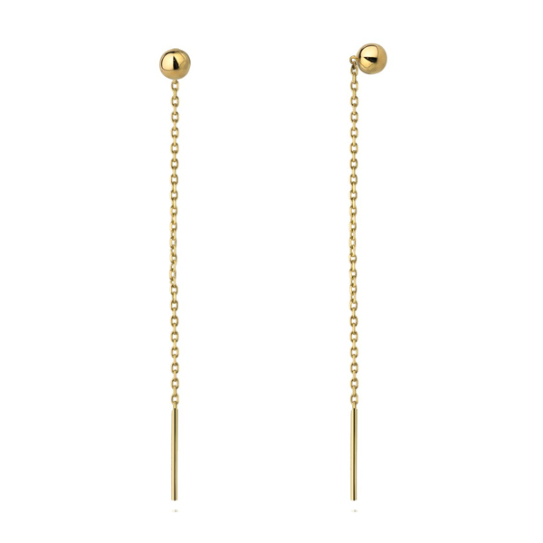 Piękne, złote długie kolczyki przewlekane, zakończone gładką kulką