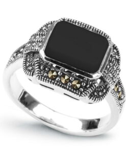 srebrny elegancki pierścionek z onyksem i markazytami