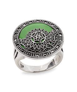 srebrny dostojny pierścionek z agatem i markazytami