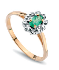 Pierścionek z żółtego złota ze szmaragdem i diamentami