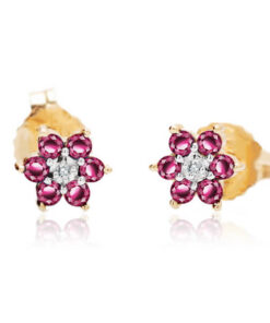 Kolczyki kwiatki żółte złoto z rubinami i diamentami