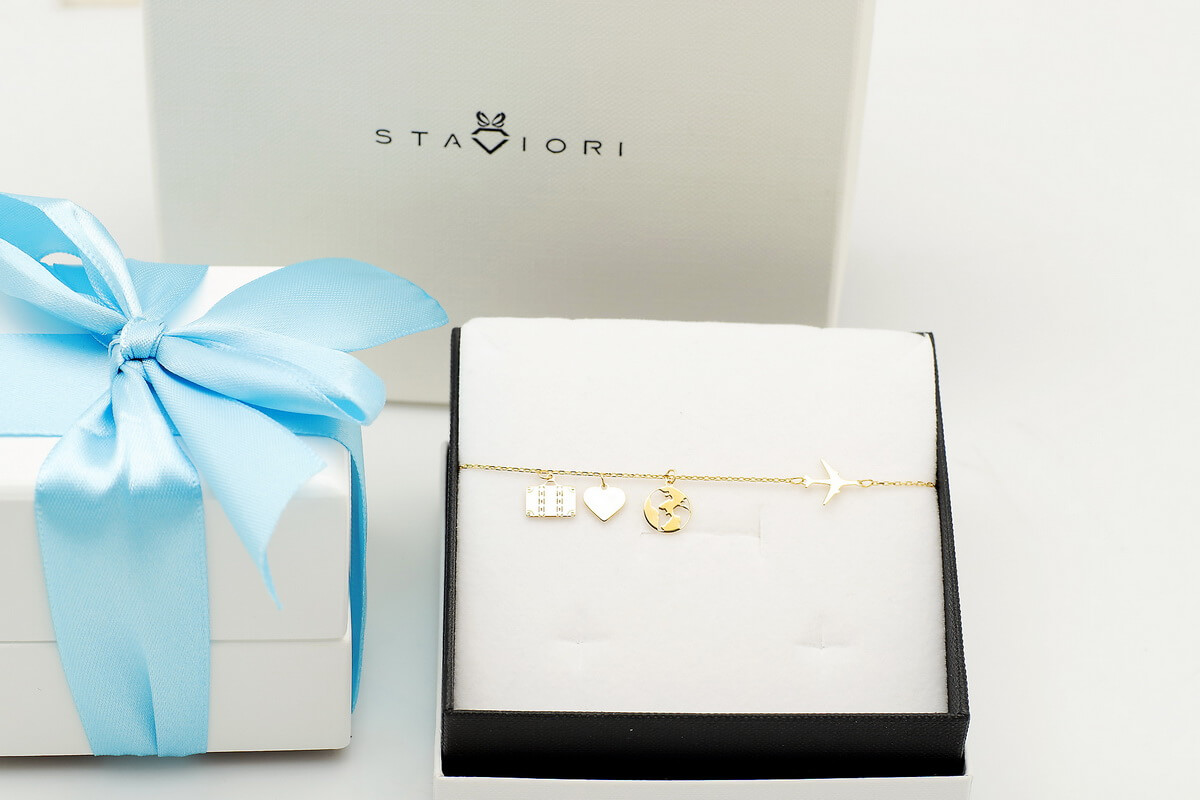 bransoletka podróżnicza pozłacana samolot kula ziemska serce walizka - Image 3