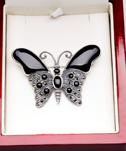 Alternatywny widok Broszka srebrna motyl z onyksami i markazytami