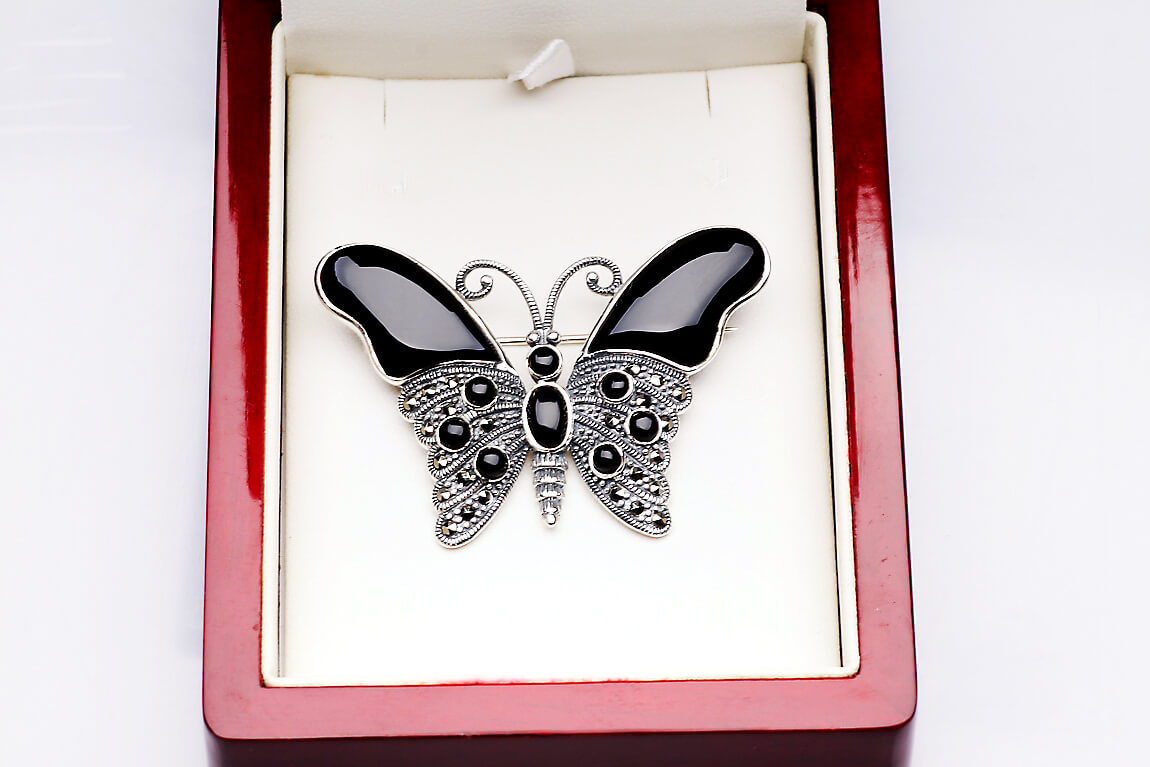 Broszka srebrna motyl z onyksami i markazytami – Bild 2