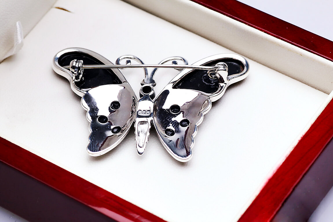 Broszka srebrna motyl z onyksami i markazytami – Bild 5