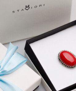 Alternatywny widok Broszka srebrna owalna z koralem i markazytami