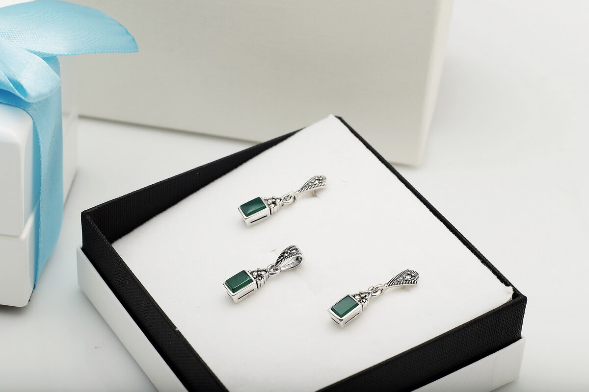 Srebrny pierścionek z zielonym agatem i markazytami PDM5942 – Bild 5