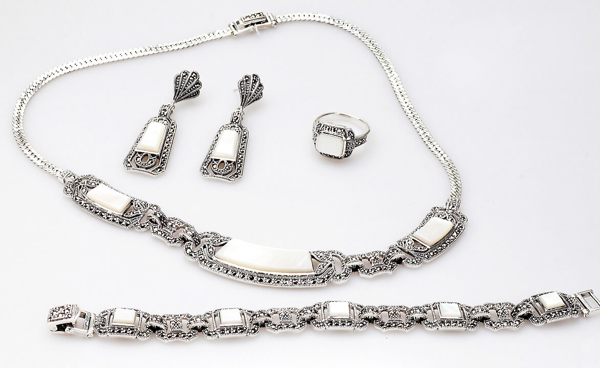 srebrne piękne wiszące kolczyki z masą perłową i markazytami - Obrázek 9