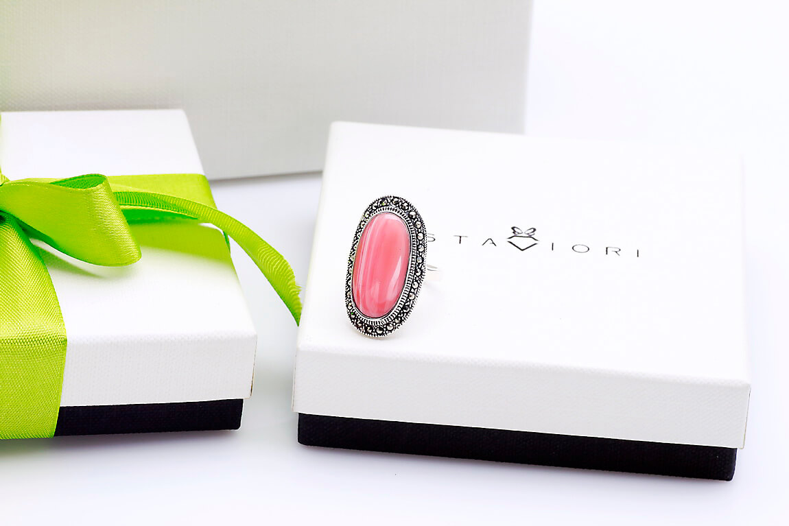 srebrny piękny duży pierścień z koralem i markazytami - Image 4