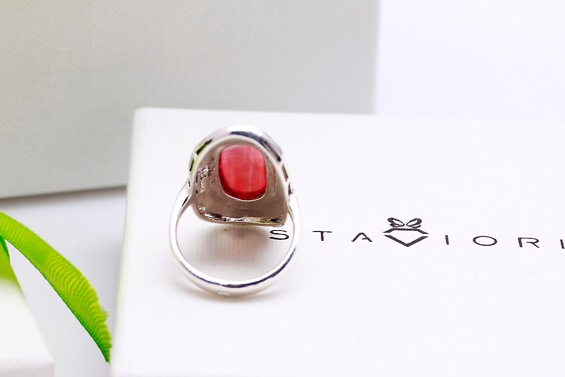 srebrny piękny duży pierścień z koralem i markazytami - Image 7