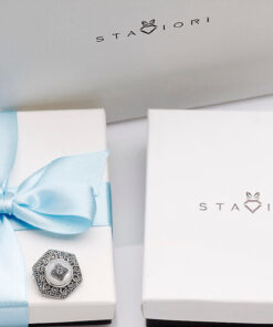 Alternatywny widok srebrna broszka / wisiorek z masą perłową i markazytami