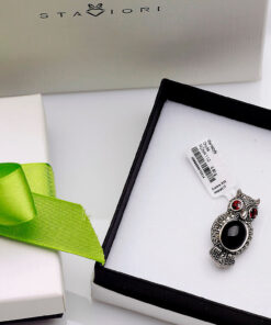 Alternatywny widok Broszka srebrna sowa z onyksami, granatami i markazytami