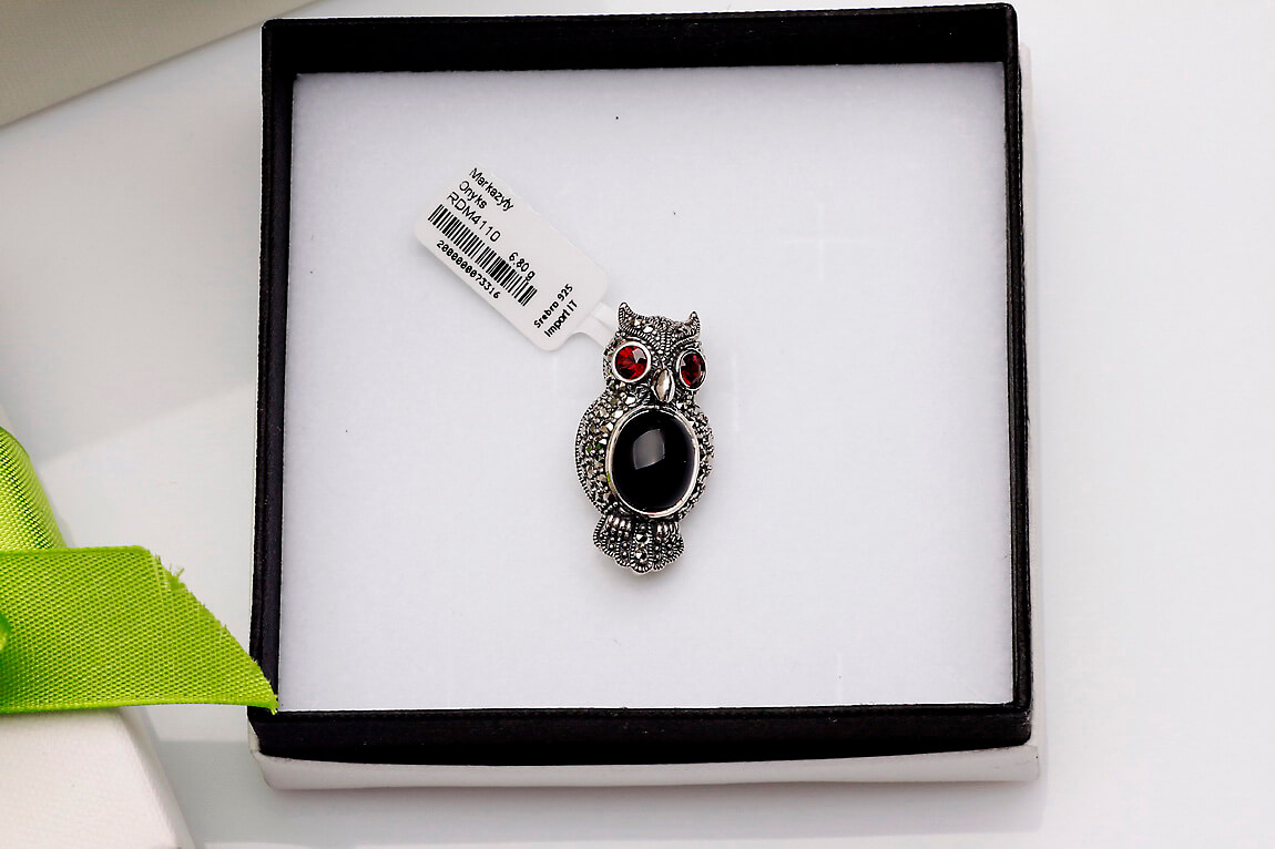 Broszka srebrna sowa z onyksami, granatami i markazytami – Bild 3
