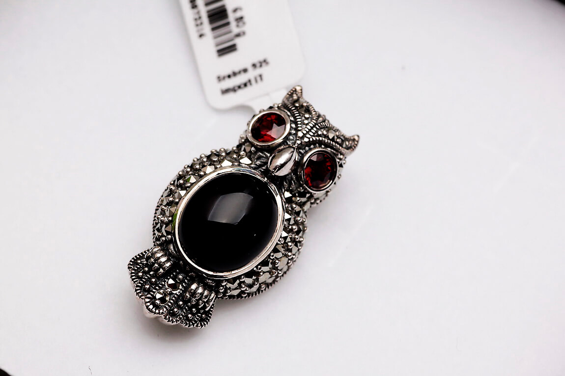 Broszka srebrna sowa z onyksami, granatami i markazytami – Bild 4