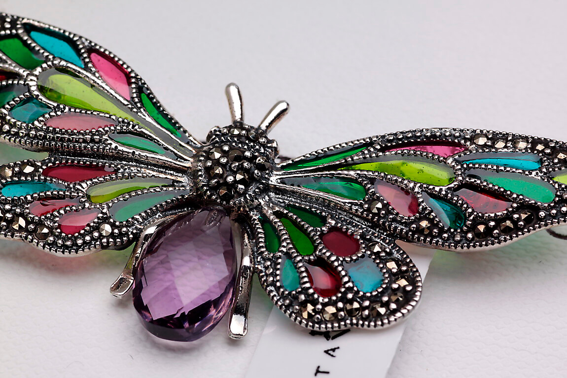 broszka srebrna motyl z emalią i markazytami - obrazek 6