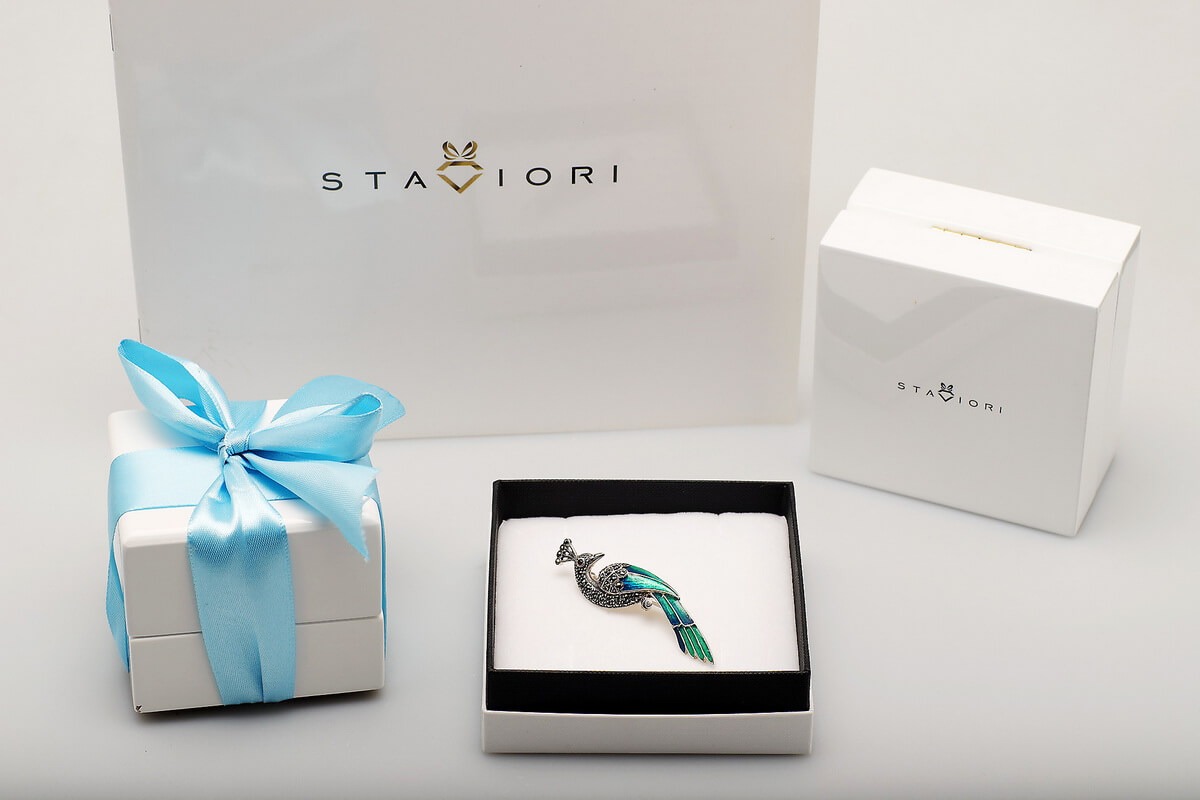 kolorowa broszka srebrna - PAW - z markazytami i emalią - obrazek 4