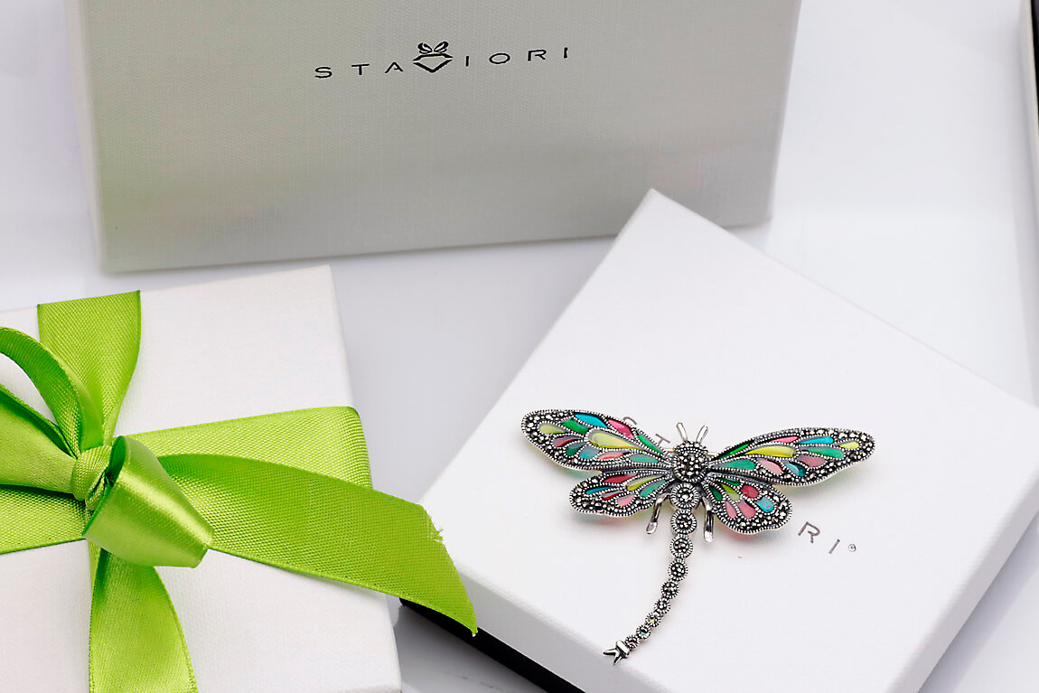 broszka srebrna - ważka - z emalią i markazytami - Image 3