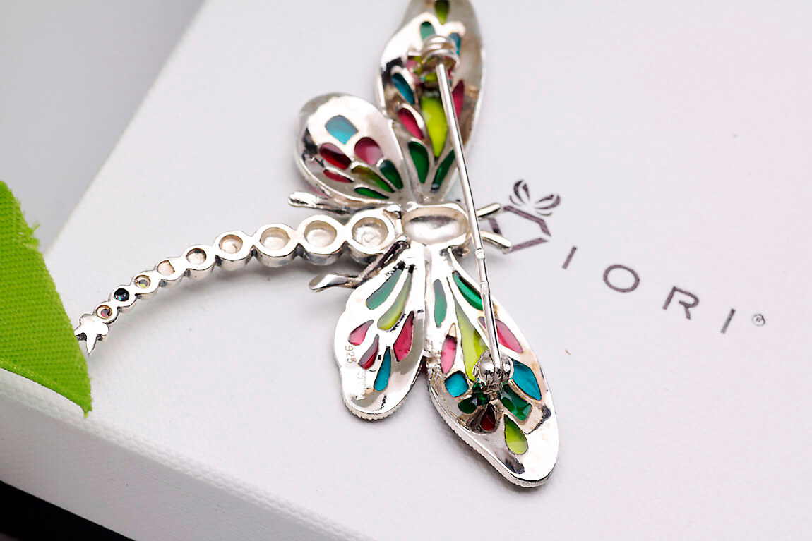 broszka srebrna - ważka - z emalią i markazytami - Image 6