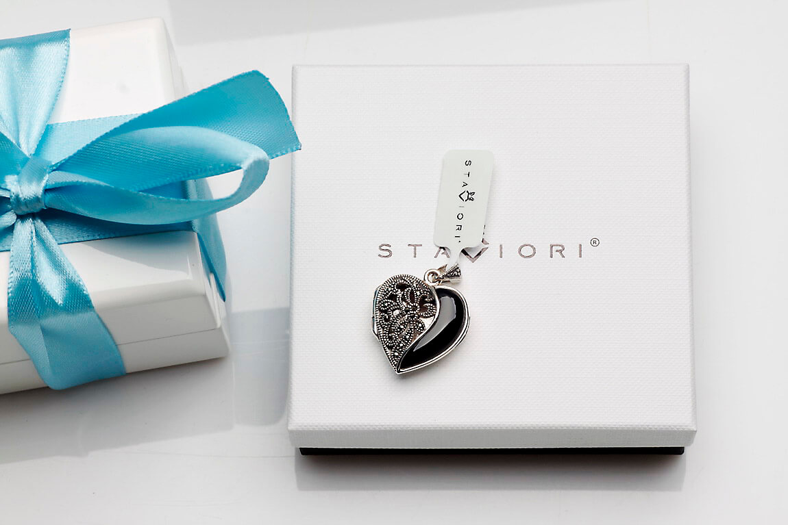 srebrny wisiorek / otwierane puzderko - serce - z onyksem i markazytami - Image 2