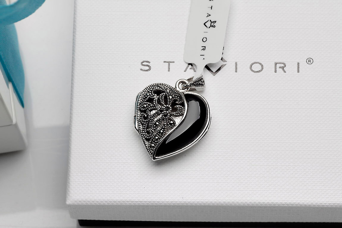 srebrny wisiorek / otwierane puzderko - serce - z onyksem i markazytami - Image 3