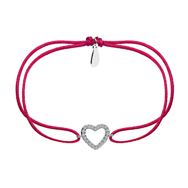 Bransoletka srebrna na różowym sznurku z cyrkoniami - serce - BSC6362