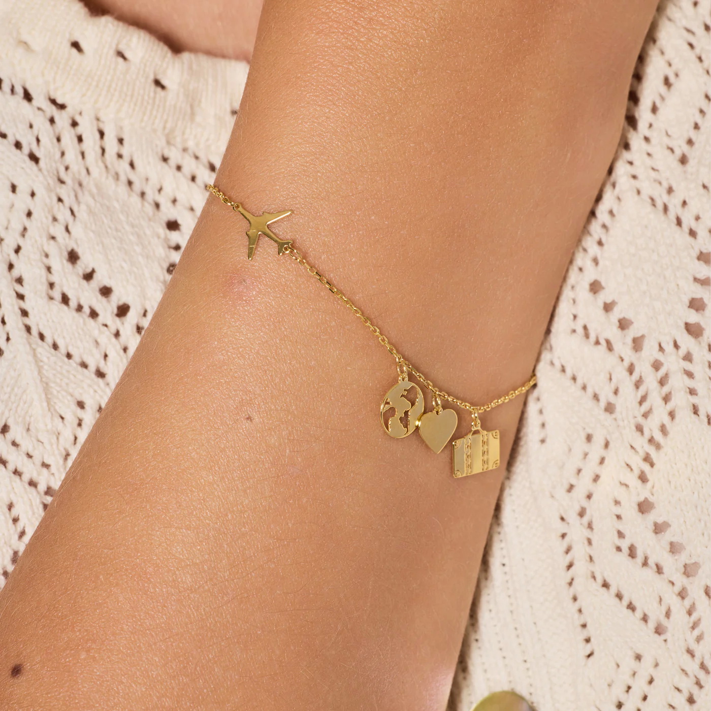 bransoletka podróżnicza pozłacana samolot kula ziemska serce walizka - Image 4