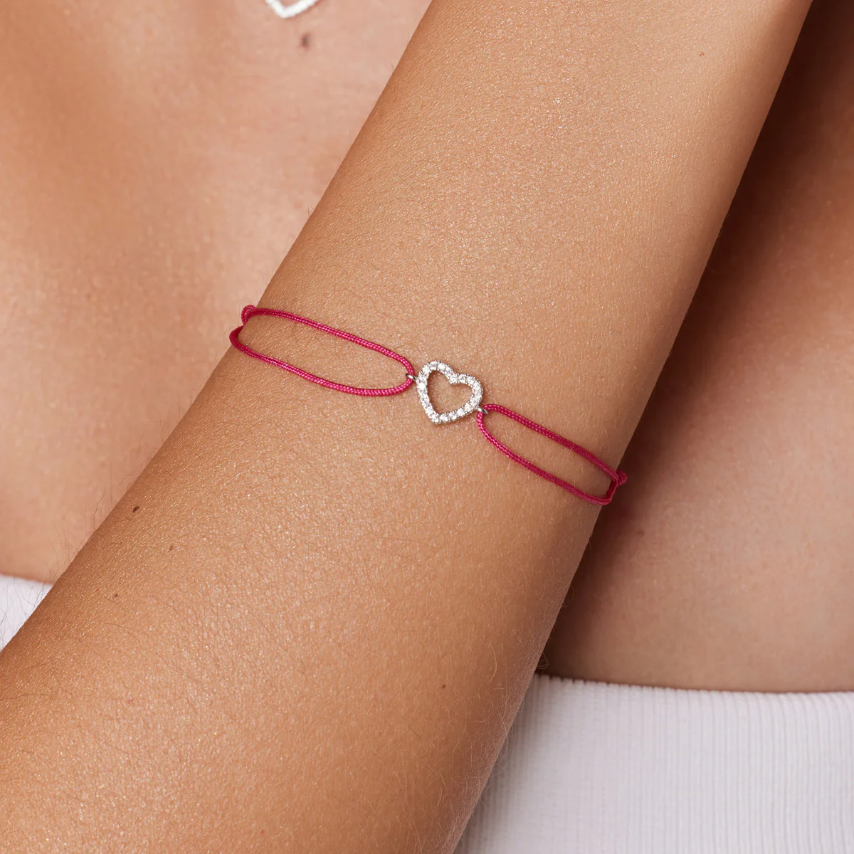 Bransoletka srebrna na różowym sznurku z cyrkoniami - serce - BSC6362 - Obrázek 2