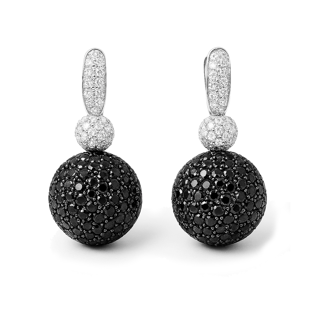 Exclusive | Kolczyki wiszące kule z czarnymi i białymi diamentami