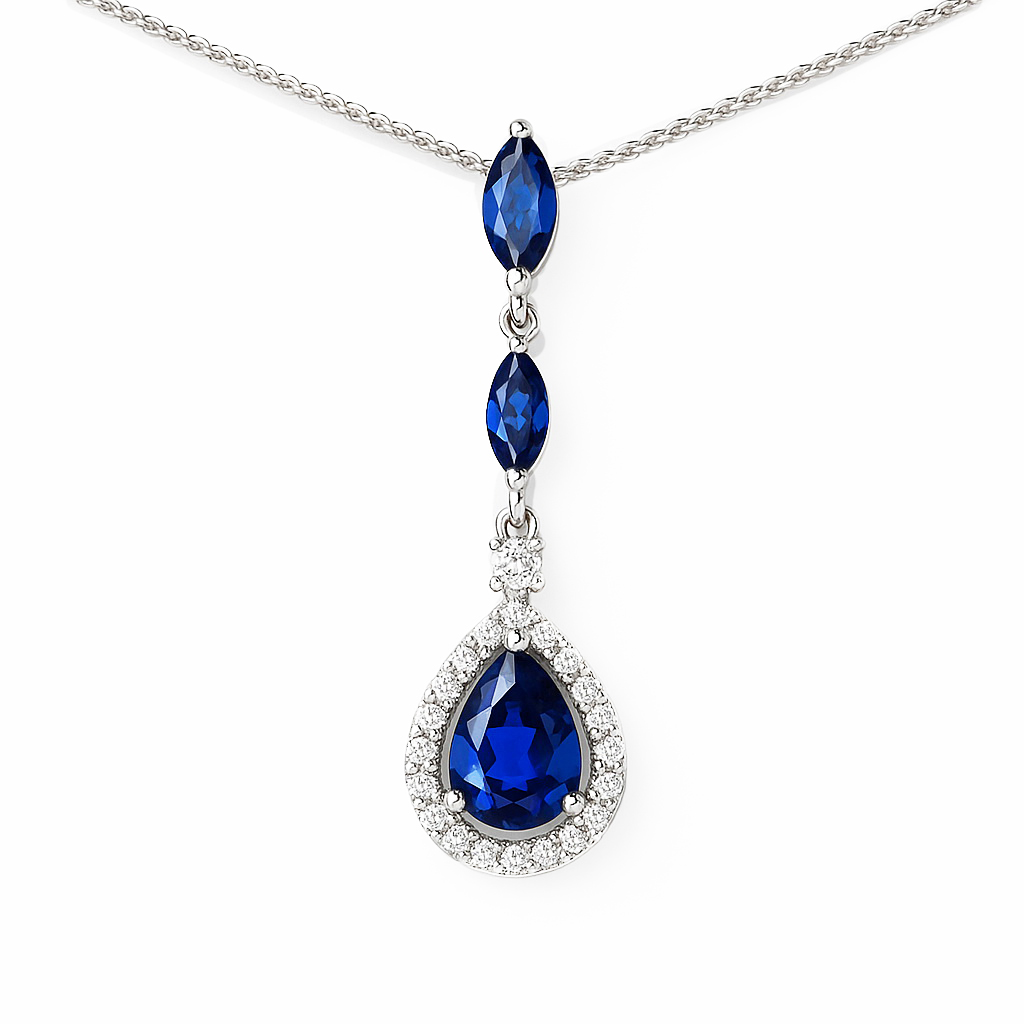 Exclusive | piękny długi wisiorek z białego złota 750 z szafirami i brylantami