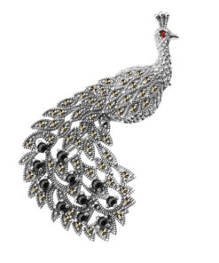 Srebrna, piękna broszka z markazytami, onyksem i granatem - PAW