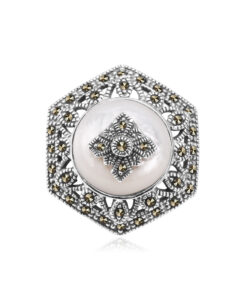 srebrna broszka / wisiorek z masą perłową i markazytami