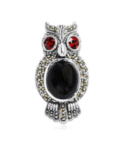Broszka srebrna sowa z onyksami, granatami i markazytami