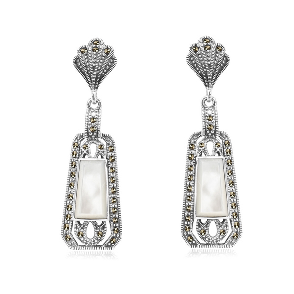 srebrne piękne wiszące kolczyki z masą perłową i markazytami