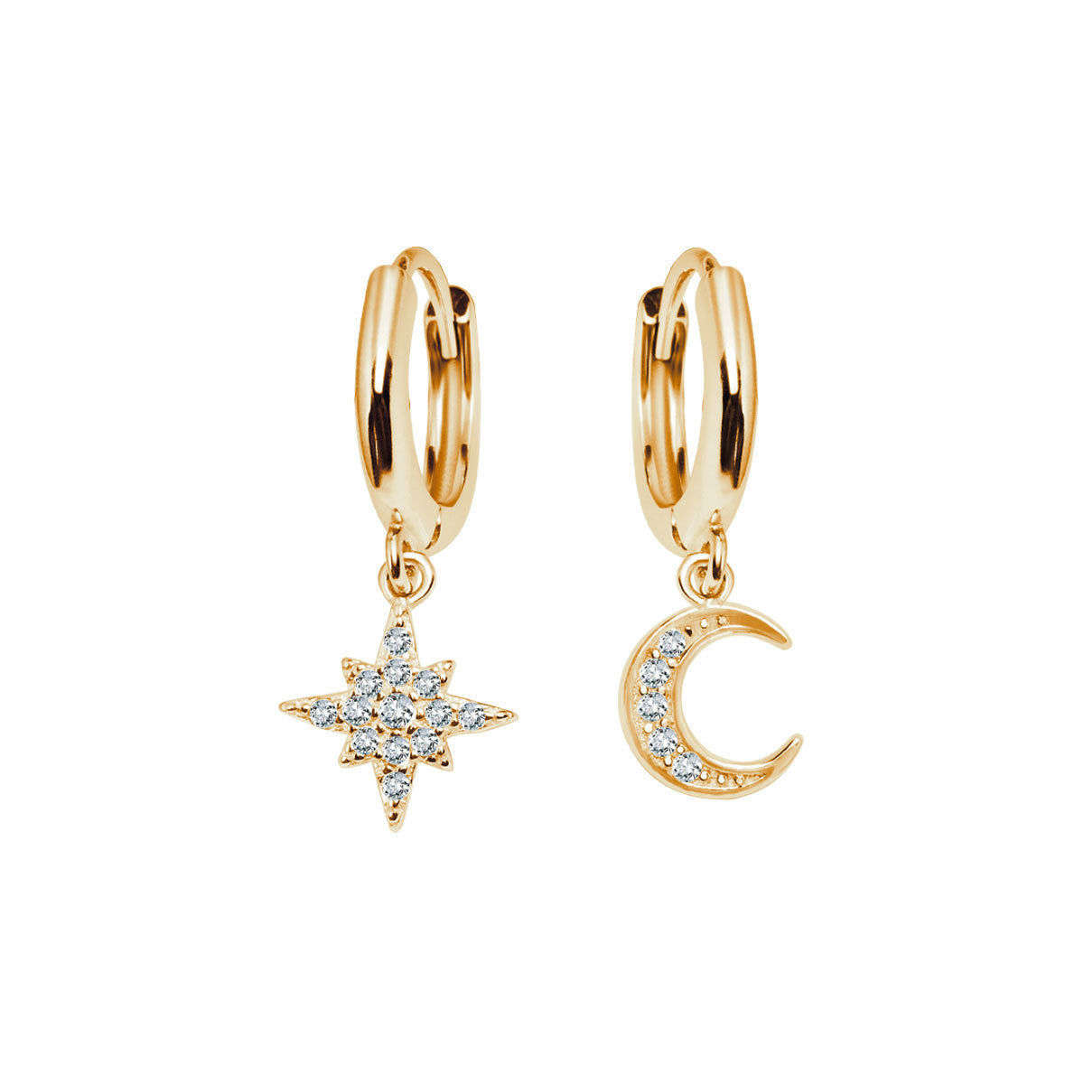 Srebrne pozłacane kolczyki asymetryczne - księżyc i gwiazdka