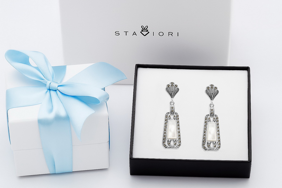 srebrne piękne wiszące kolczyki z masą perłową i markazytami - Obrázek 4